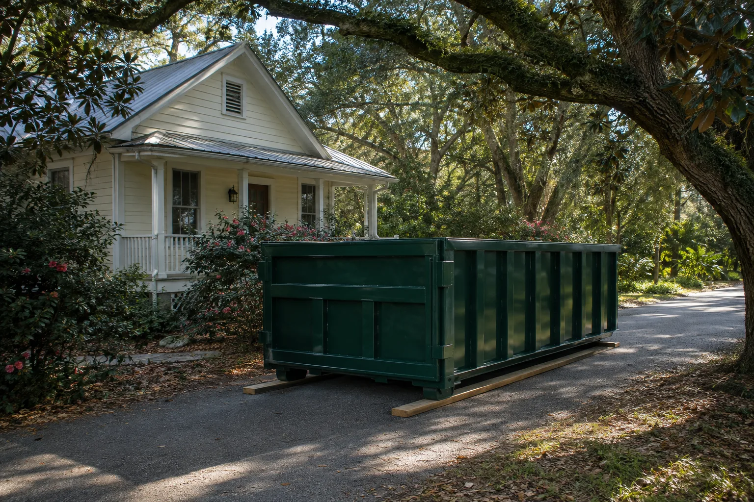 Green roll-off dumpster on a narrow paved lane under a live-oak canopy