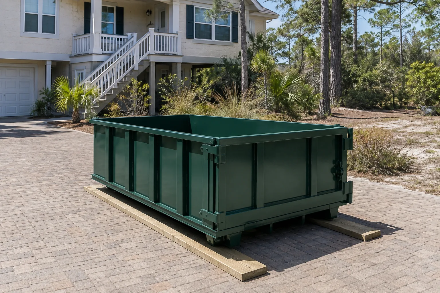 Empty green roll-off dumpster on a paver drive beside a raised coastal home