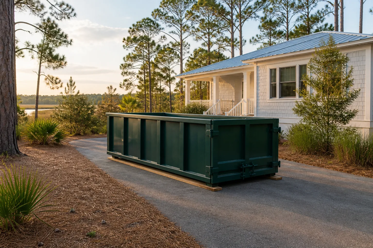Green roll-off dumpster on a narrow drive beside a bay-area cottage and pines