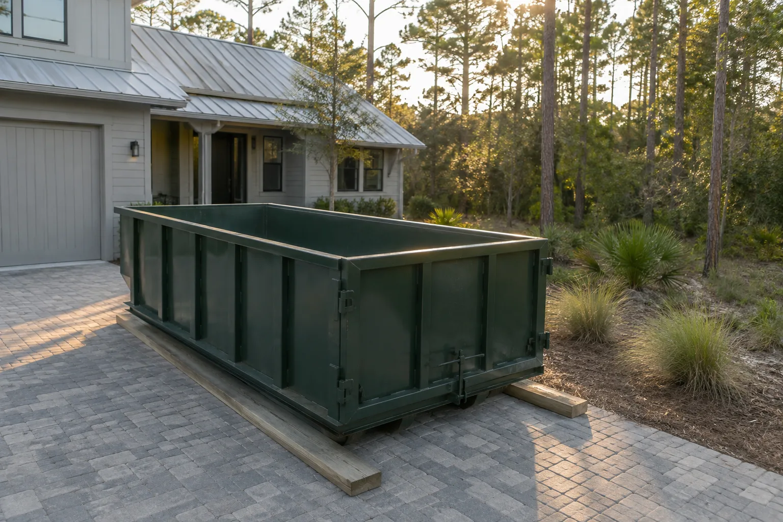 Empty green roll-off dumpster on a paver drive beside a coastal cottage