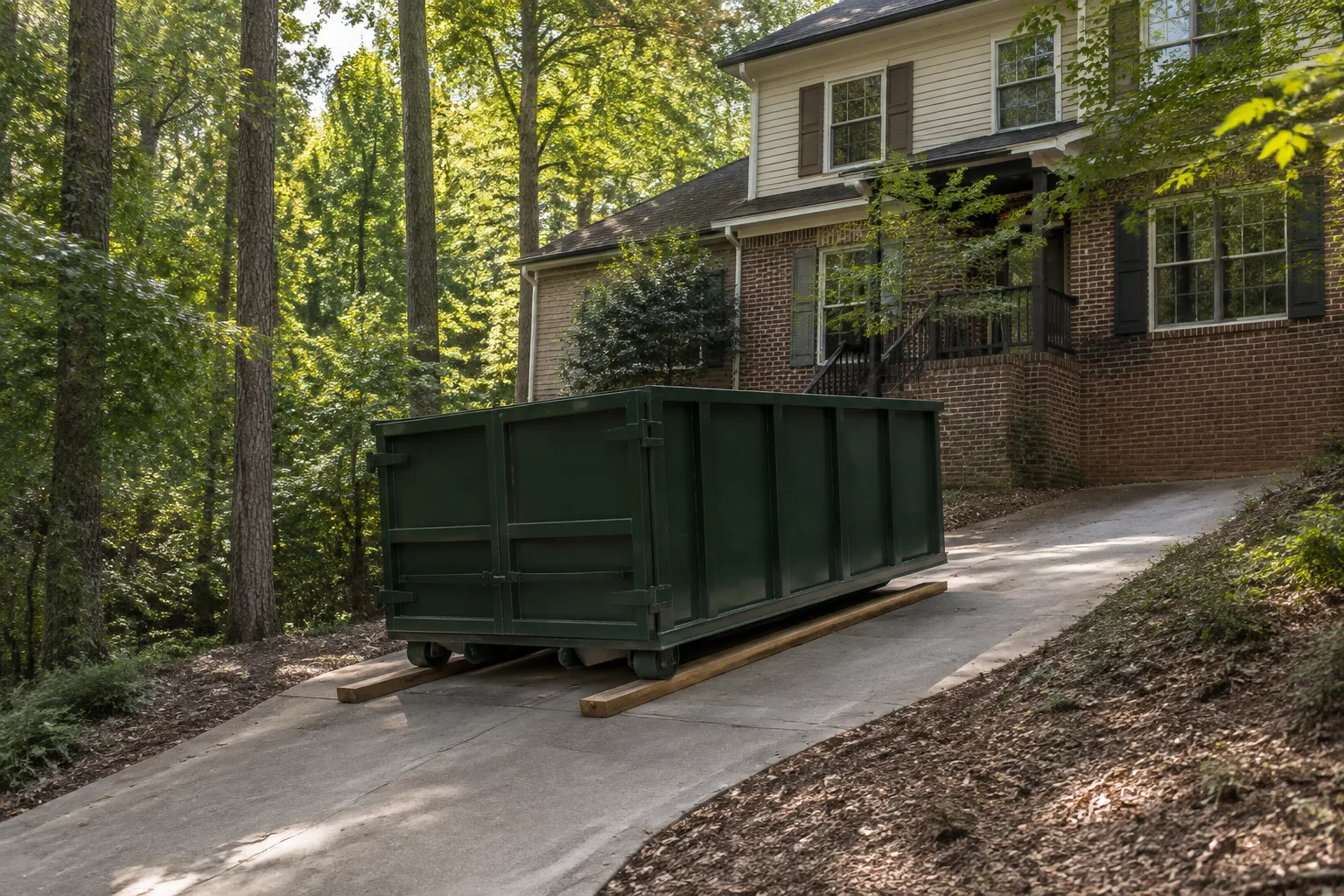 Green roll-off dumpster on a sloped drive beside a wooded two-story home