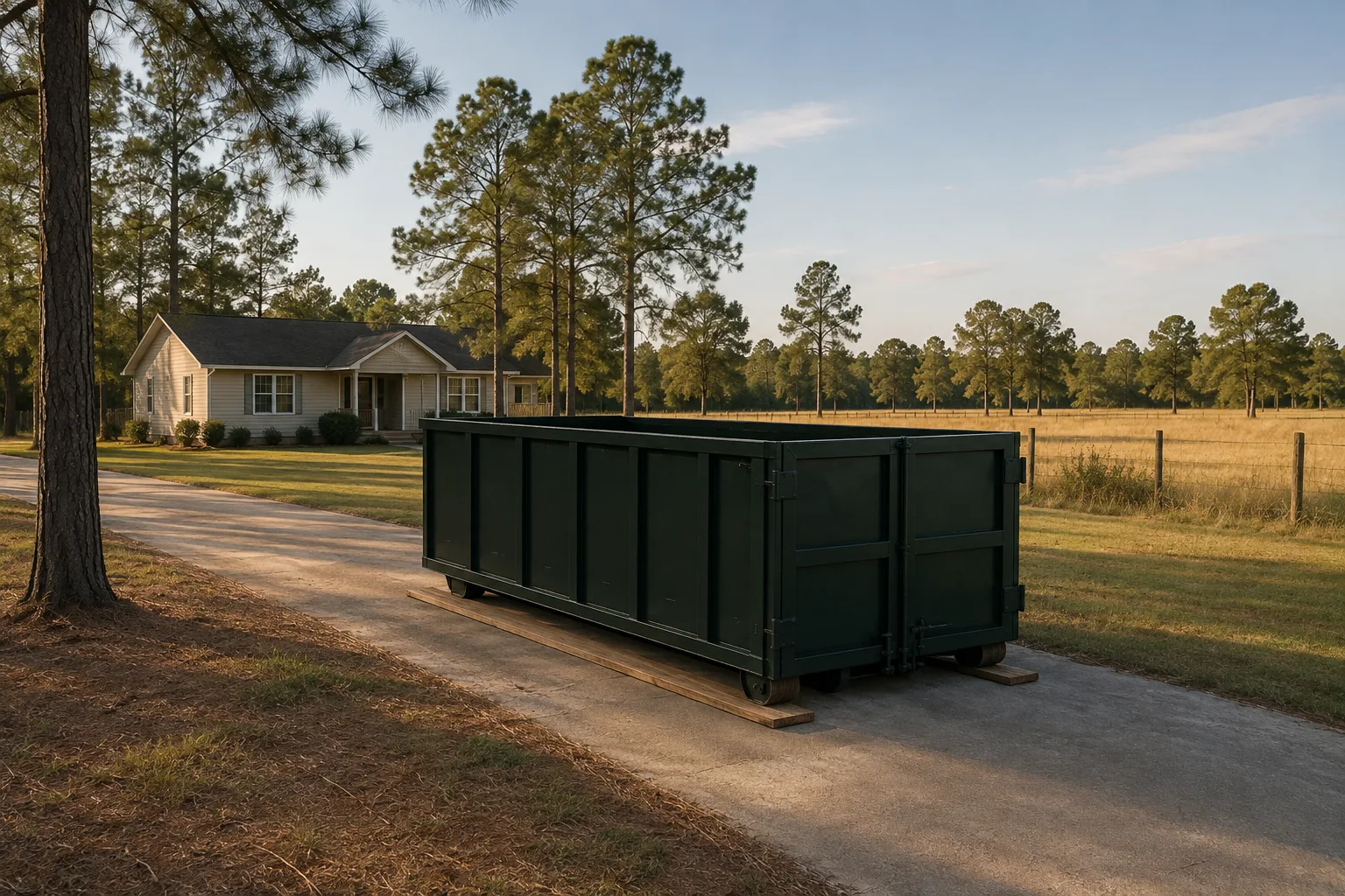 Green roll-off dumpster on a long drive beside a rural home and pasture